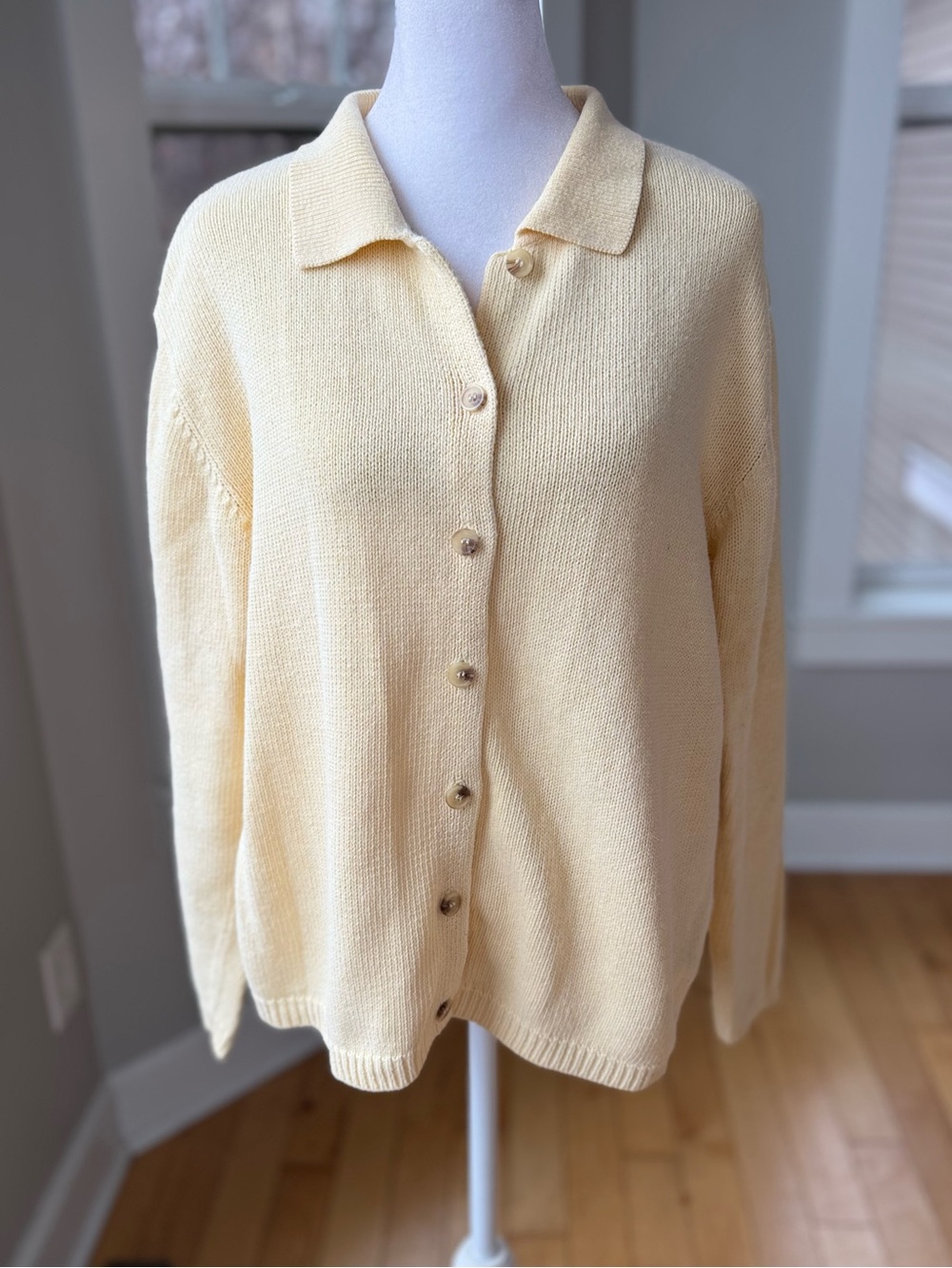 Vintage 90s Christopher & Banks Butter Yellow Ramie Cotton Cardigan Sweater Sz L